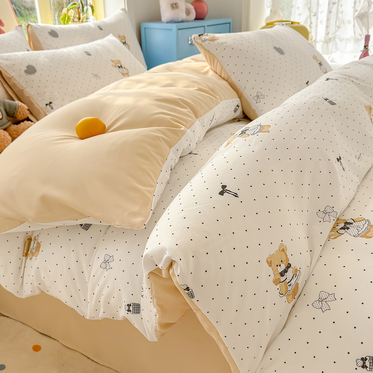 铺尚美家纺 2026新款A类古法水洗仿棉云感纱四件套 波点熊