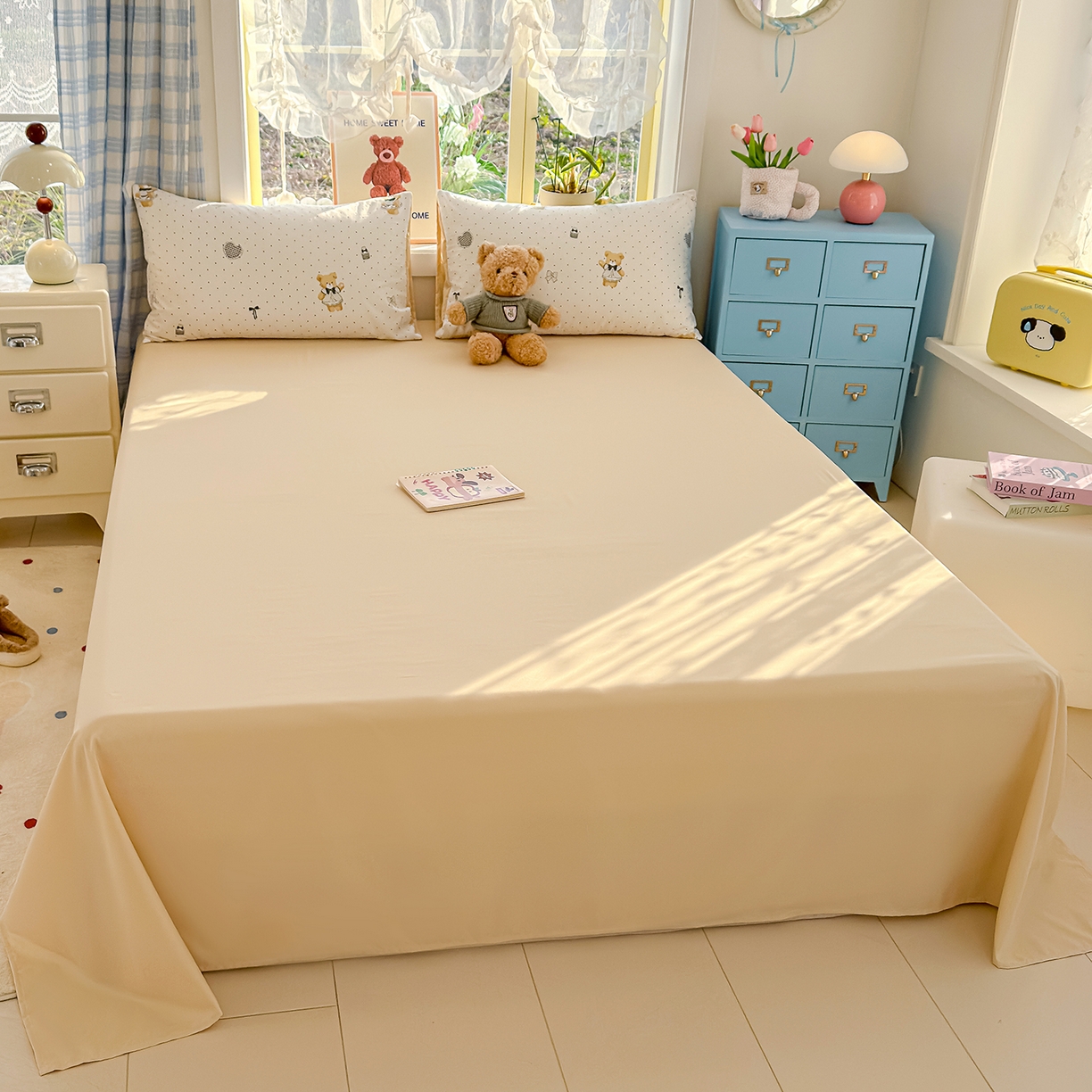 91家纺网 家纺一手货源 找家纺 铺尚美家纺 2026新款A类古法水洗仿棉云感纱四件套 波点熊