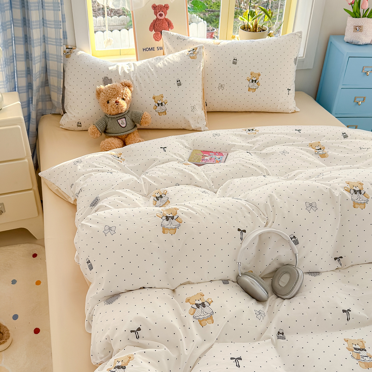 91家纺网 家纺一手货源 找家纺 铺尚美家纺 2026新款A类古法水洗仿棉云感纱四件套 波点熊