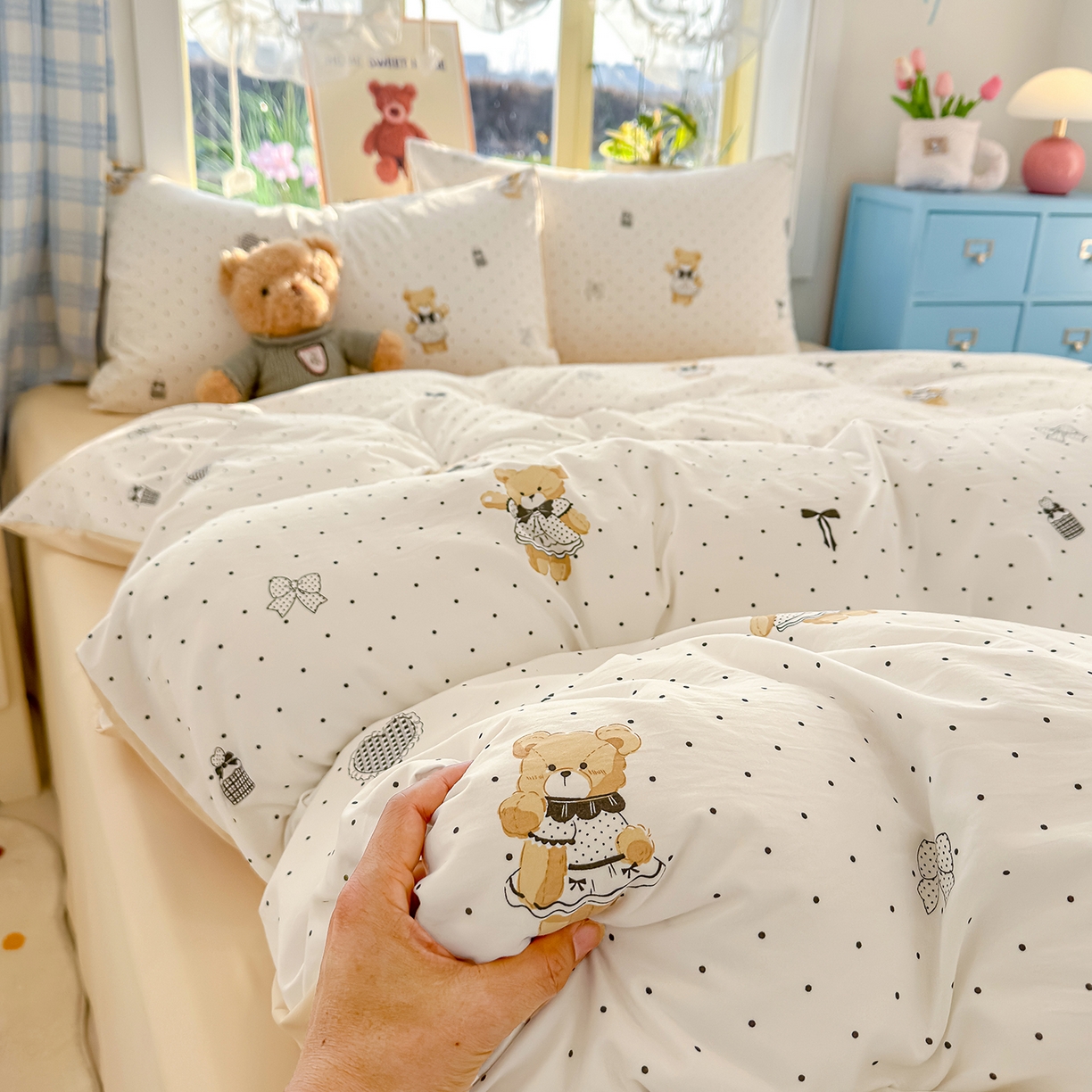 91家纺网 家纺一手货源 找家纺 铺尚美家纺 2026新款A类古法水洗仿棉云感纱四件套 波点熊