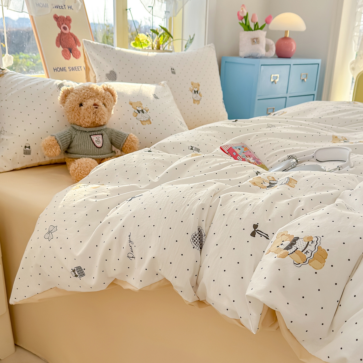 91家纺网 家纺一手货源 找家纺 铺尚美家纺 2026新款A类古法水洗仿棉云感纱四件套 波点熊