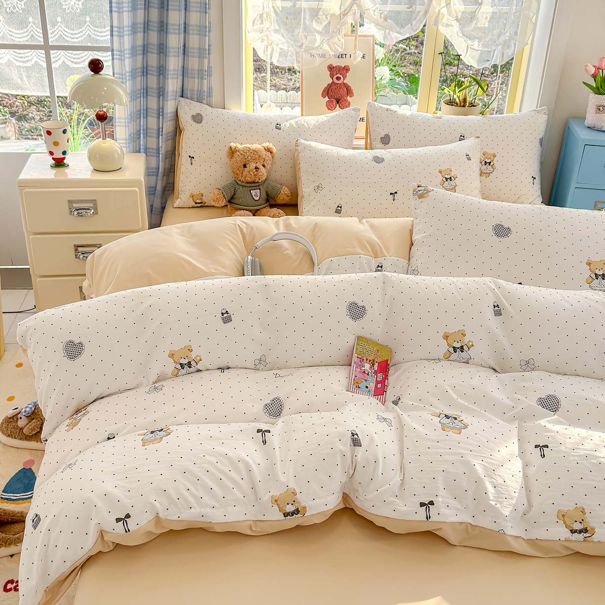 91家纺网 家纺一手货源 找家纺 铺尚美家纺 2026新款A类古法水洗仿棉云感纱四件套 波点熊