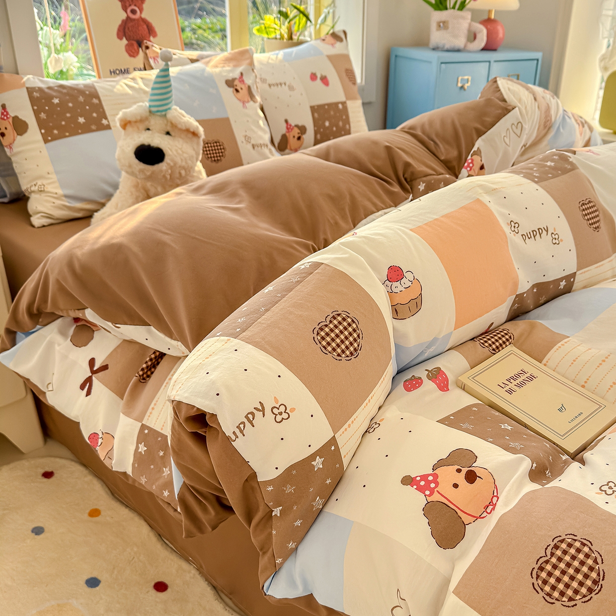 91家纺网 家纺一手货源 找家纺 铺尚美家纺 2026新款A类古法水洗仿棉云感纱四件套 布丁狗