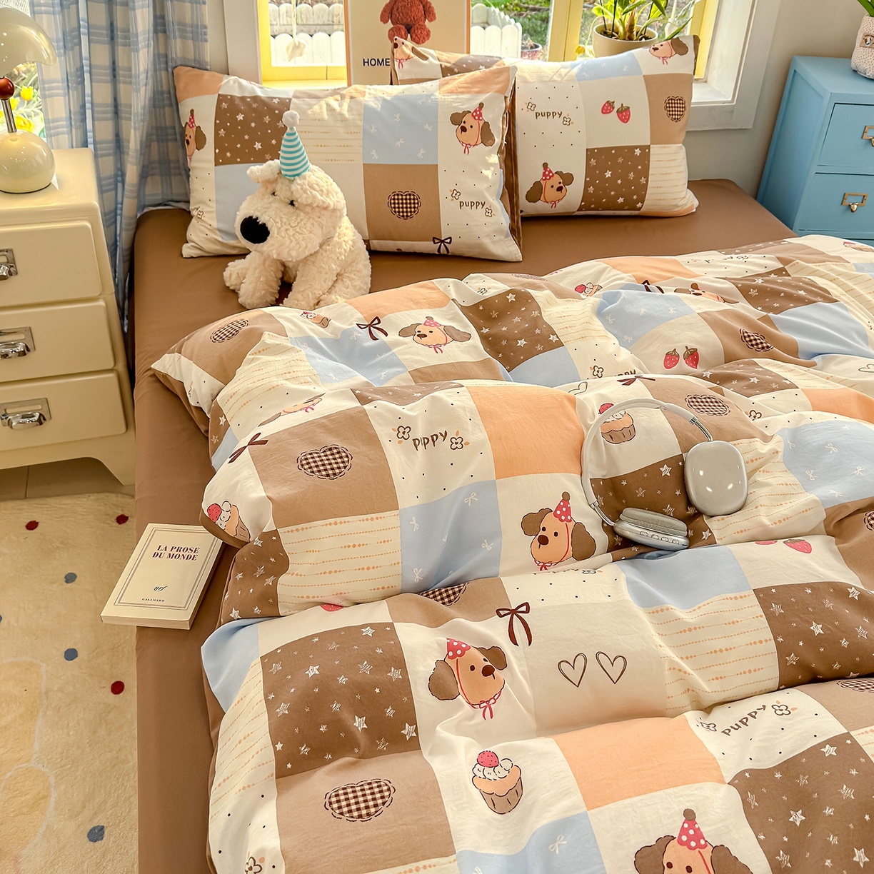 91家纺网 家纺一手货源 找家纺 铺尚美家纺 2026新款A类古法水洗仿棉云感纱四件套 布丁狗