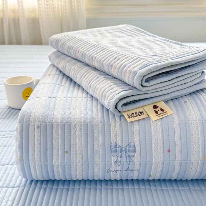 家喜爱 2026新款木棉皱皱纱床盖（可提供买家秀） 蓝调蝴蝶结