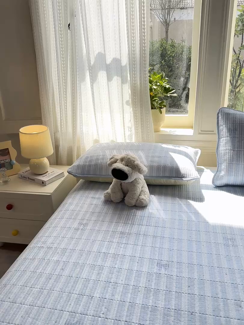 91家纺网 家纺一手货源 找家纺 家喜爱 2026新款木棉皱皱纱床盖（可提供买家秀） 蓝调蝴蝶结