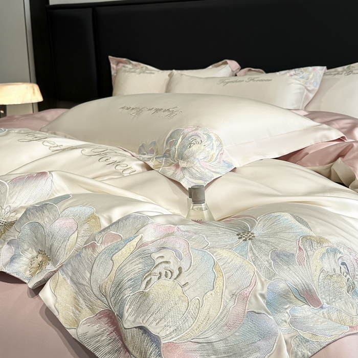 91家纺网 家纺一手货源 找家纺 2026新款高支高密刺绣四件套-花溪系列 花溪-奶昔白＋粉