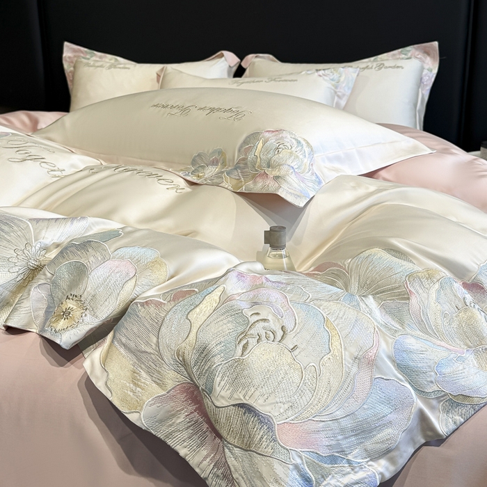 91家纺网 家纺一手货源 找家纺 2026新款高支高密刺绣四件套-花溪系列 花溪-奶昔白＋粉