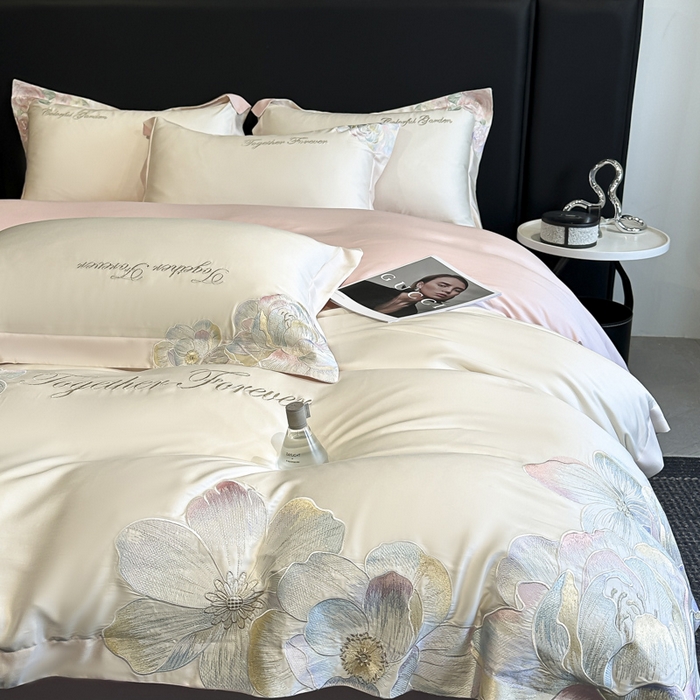 91家纺网 家纺一手货源 找家纺 2026新款高支高密刺绣四件套-花溪系列 花溪-奶昔白＋粉