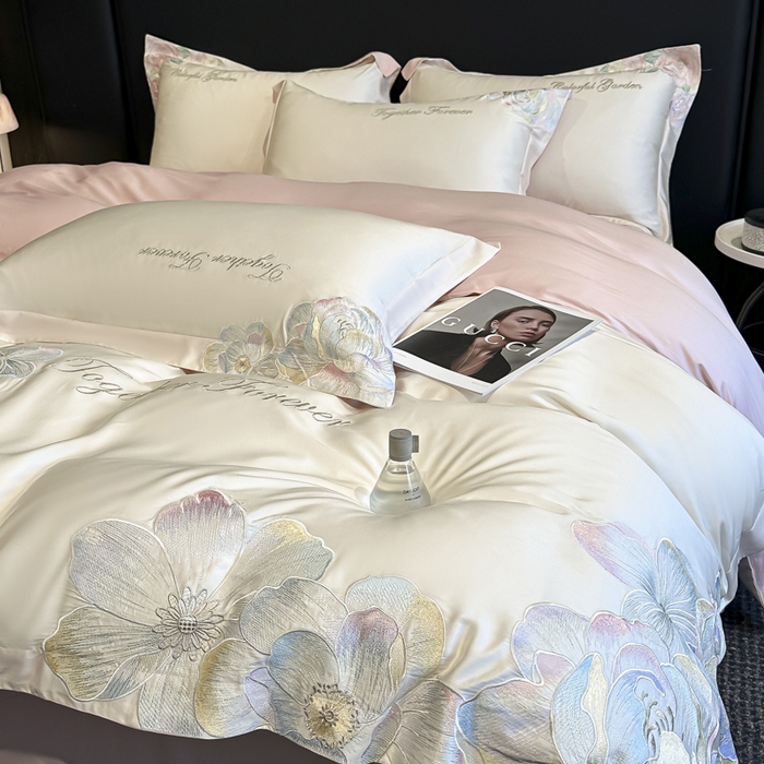 91家纺网 家纺一手货源 找家纺 2026新款高支高密刺绣四件套-花溪系列 花溪-奶昔白＋粉