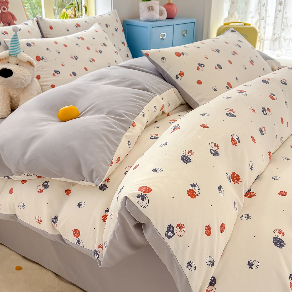 铺尚美家纺 2026新款A类古法水洗仿棉云感纱四件套 草莓啵啵