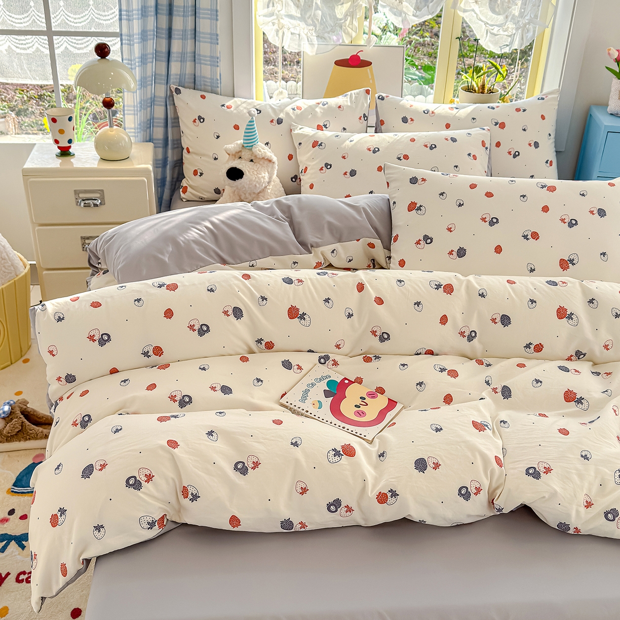 91家纺网 家纺一手货源 找家纺 铺尚美家纺 2026新款A类古法水洗仿棉云感纱四件套 草莓啵啵