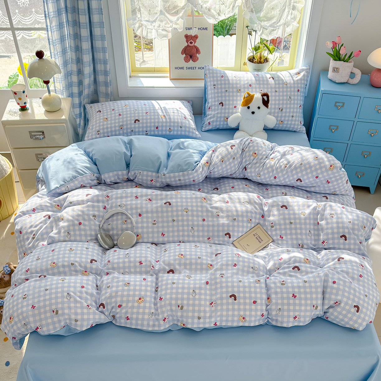 91家纺网 家纺一手货源 找家纺 铺尚美家纺 2026新款A类古法水洗仿棉云感纱四件套 草莓熊-蓝