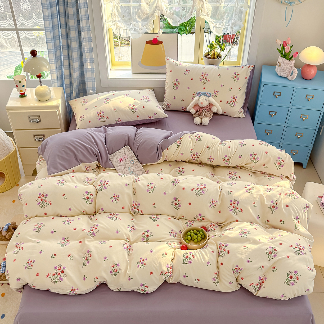 91家纺网 家纺一手货源 找家纺 铺尚美家纺 2026新款A类古法水洗仿棉云感纱四件套 丁香紫