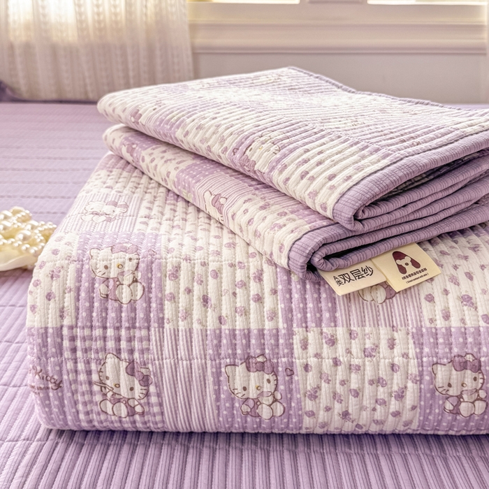 家喜爱 2026新款木棉皱皱纱床盖（可提供买家秀） 紫格Kitty