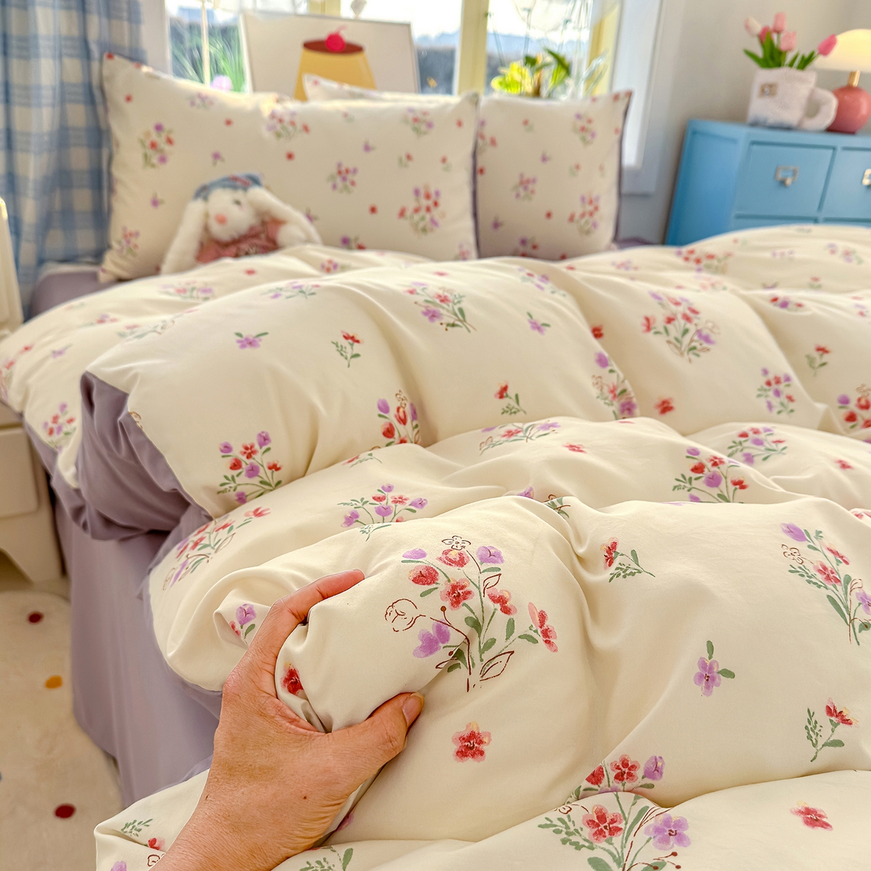 91家纺网 家纺一手货源 找家纺 铺尚美家纺 2026新款A类古法水洗仿棉云感纱四件套 丁香紫