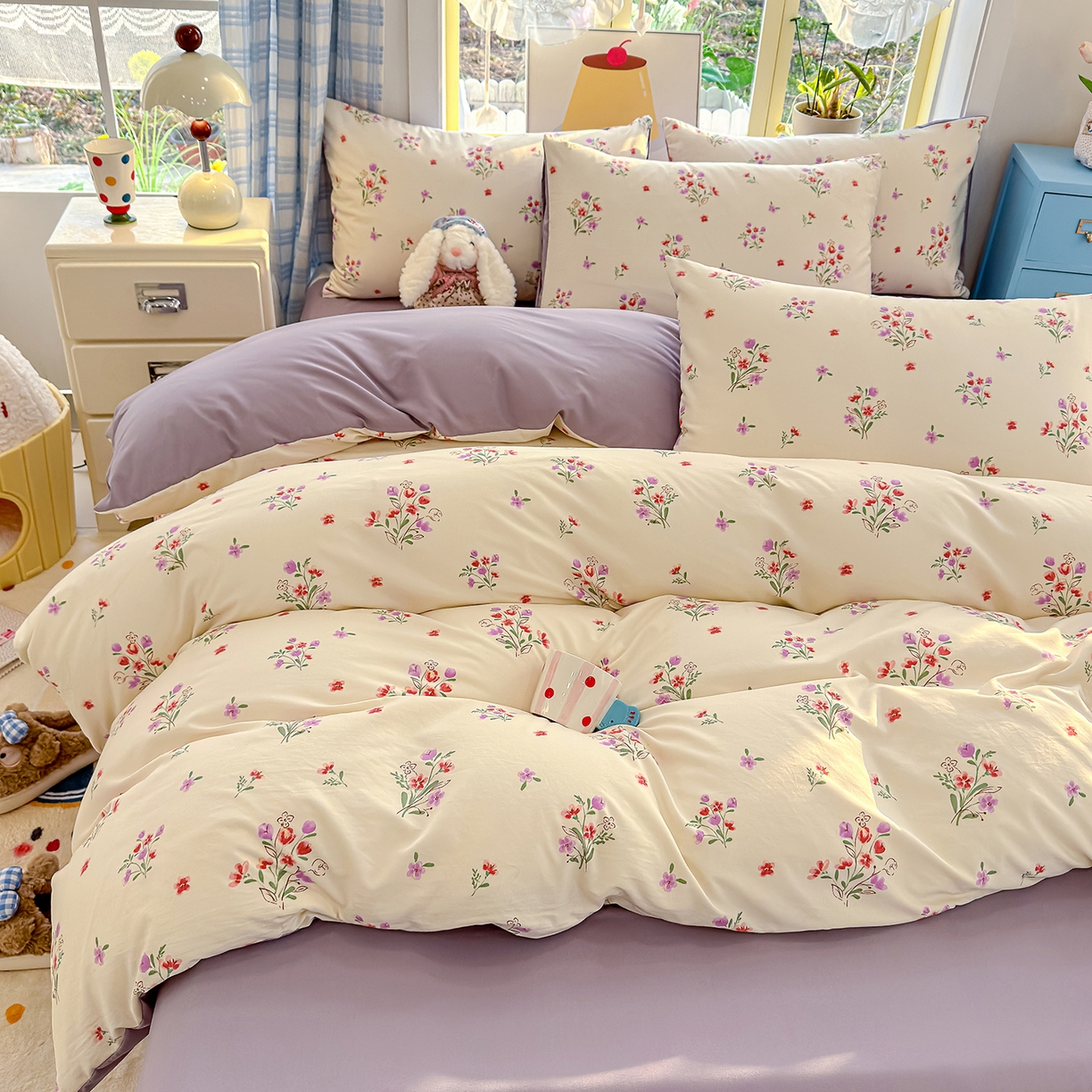 91家纺网 家纺一手货源 找家纺 铺尚美家纺 2026新款A类古法水洗仿棉云感纱四件套 丁香紫