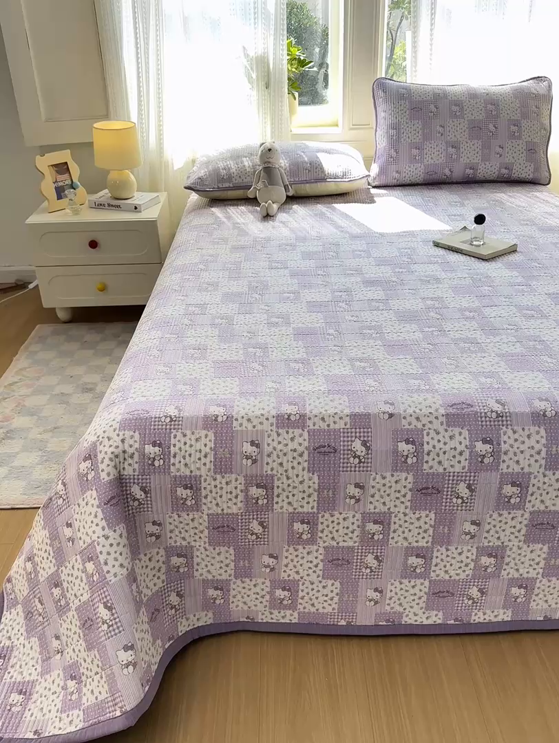 91家纺网 家纺一手货源 找家纺 家喜爱 2026新款木棉皱皱纱床盖（可提供买家秀） 紫格Kitty