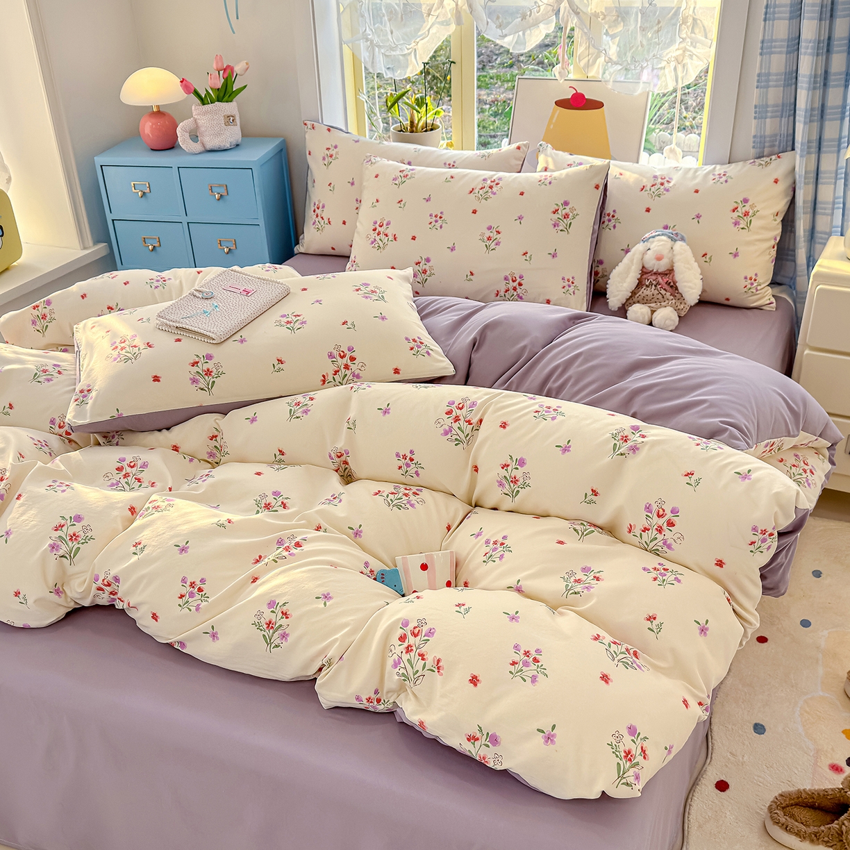 91家纺网 家纺一手货源 找家纺 铺尚美家纺 2026新款A类古法水洗仿棉云感纱四件套 丁香紫