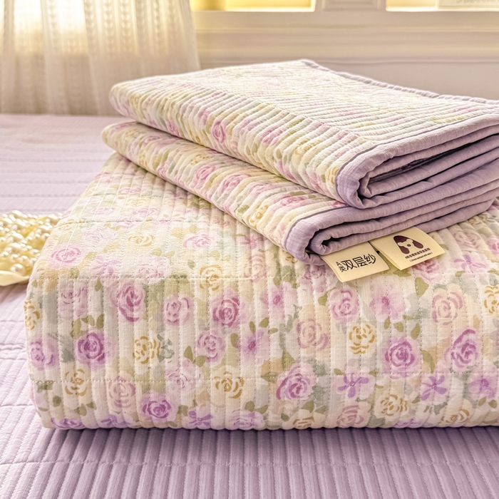 家喜爱 2026新款木棉皱皱纱床盖（可提供买家秀） 紫雾玫瑰