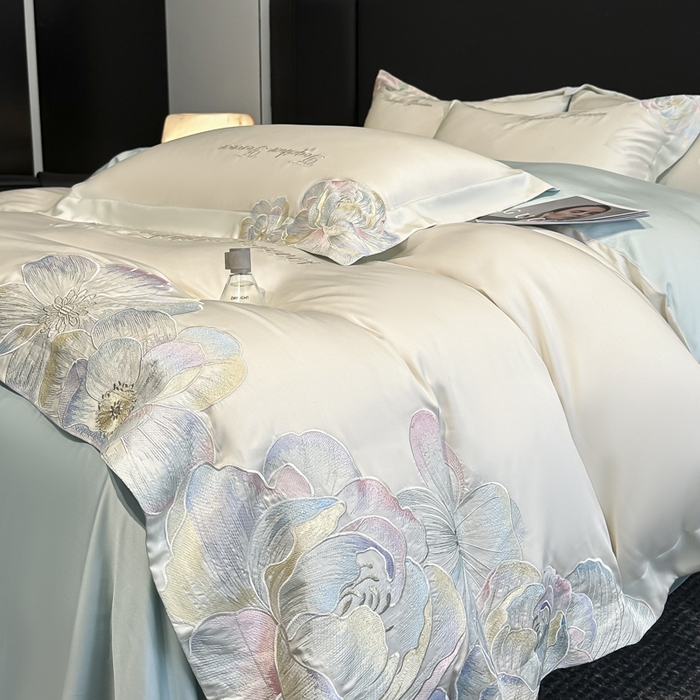 91家纺网 家纺一手货源 找家纺 2026新款高支高密刺绣四件套-花溪系列 花溪-奶昔白＋蓝