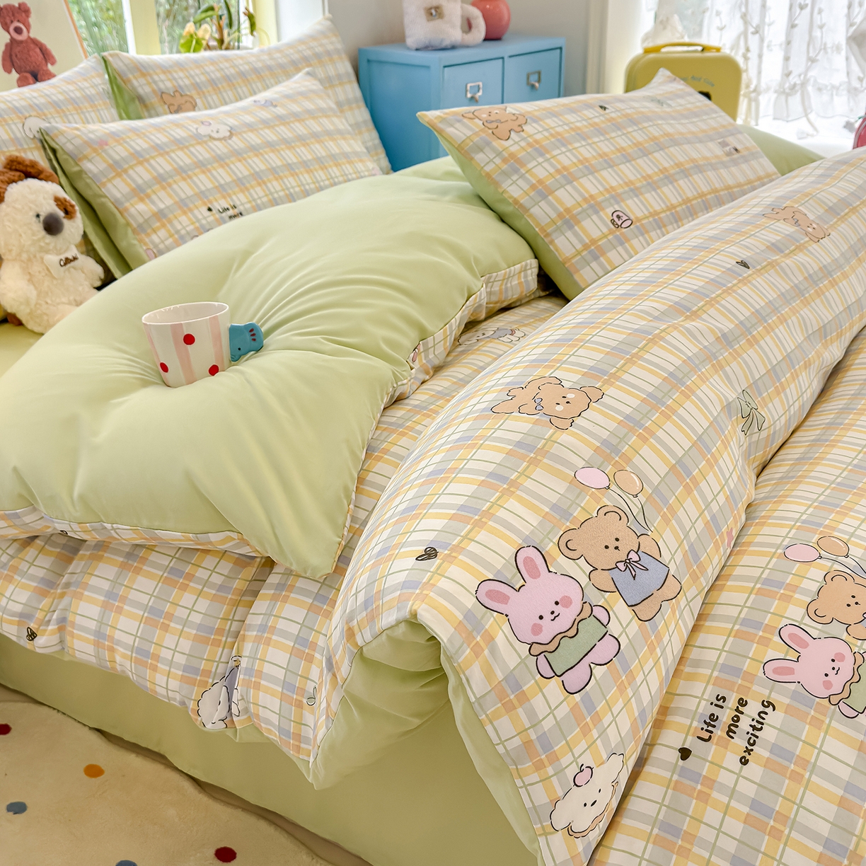 铺尚美家纺 2026新款A类古法水洗仿棉云感纱四件套 格纹萌友团