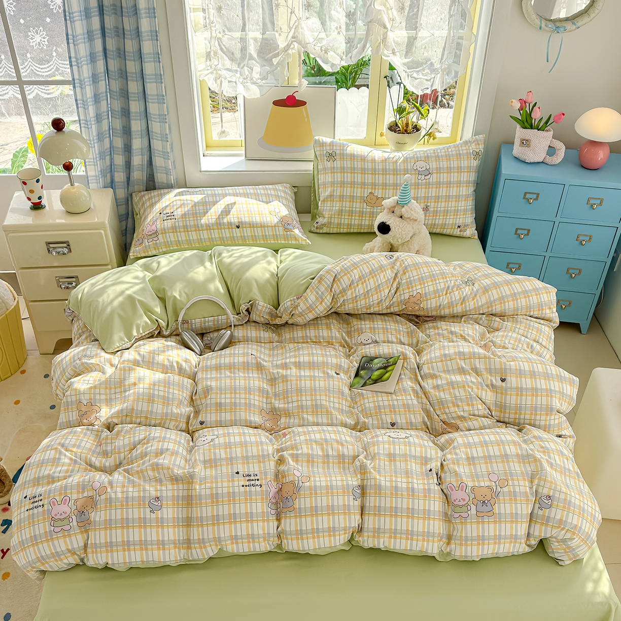 91家纺网 家纺一手货源 找家纺 铺尚美家纺 2026新款A类古法水洗仿棉云感纱四件套 格纹萌友团