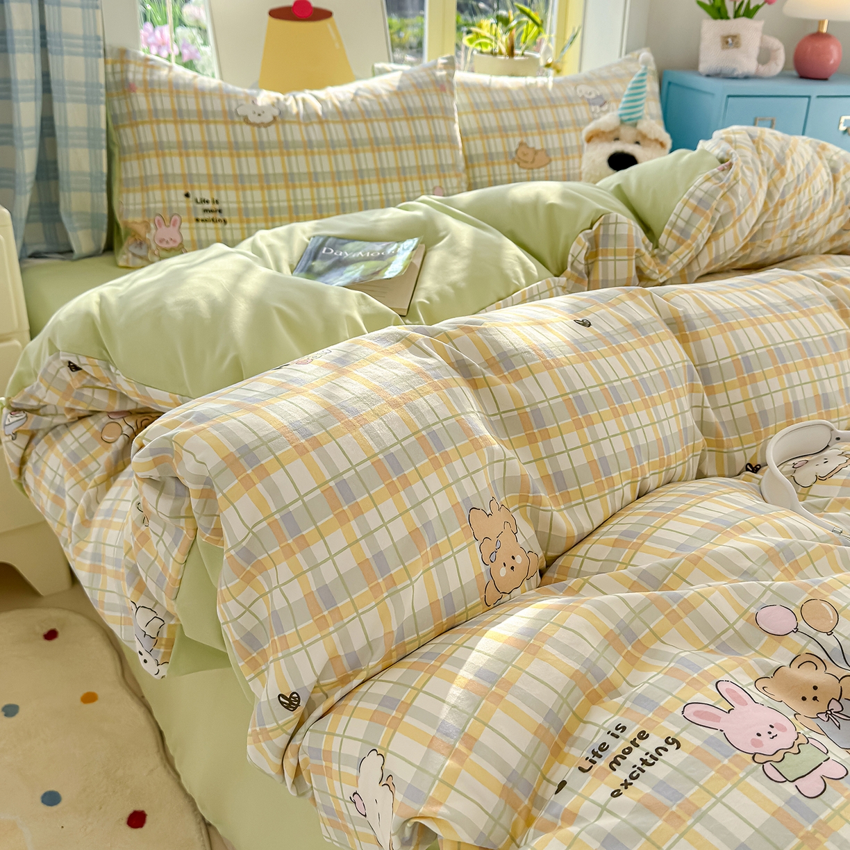 91家纺网 家纺一手货源 找家纺 铺尚美家纺 2026新款A类古法水洗仿棉云感纱四件套 格纹萌友团