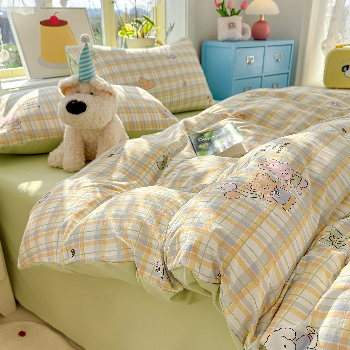 91家纺网 家纺一手货源 找家纺 铺尚美家纺 2026新款A类古法水洗仿棉云感纱四件套 格纹萌友团