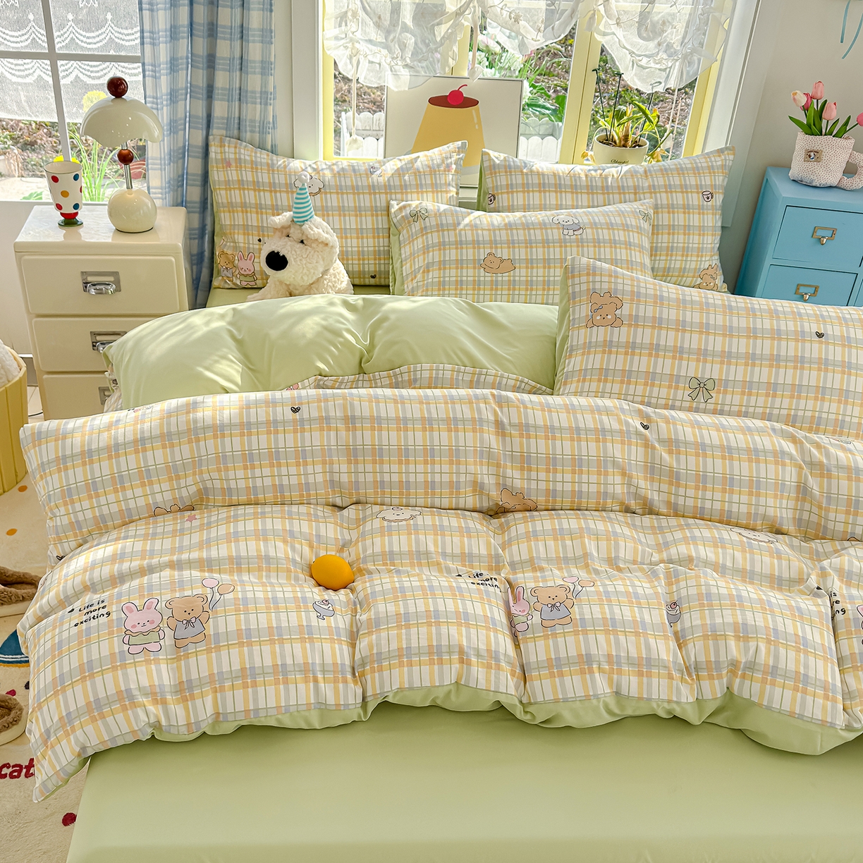 91家纺网 家纺一手货源 找家纺 铺尚美家纺 2026新款A类古法水洗仿棉云感纱四件套 格纹萌友团