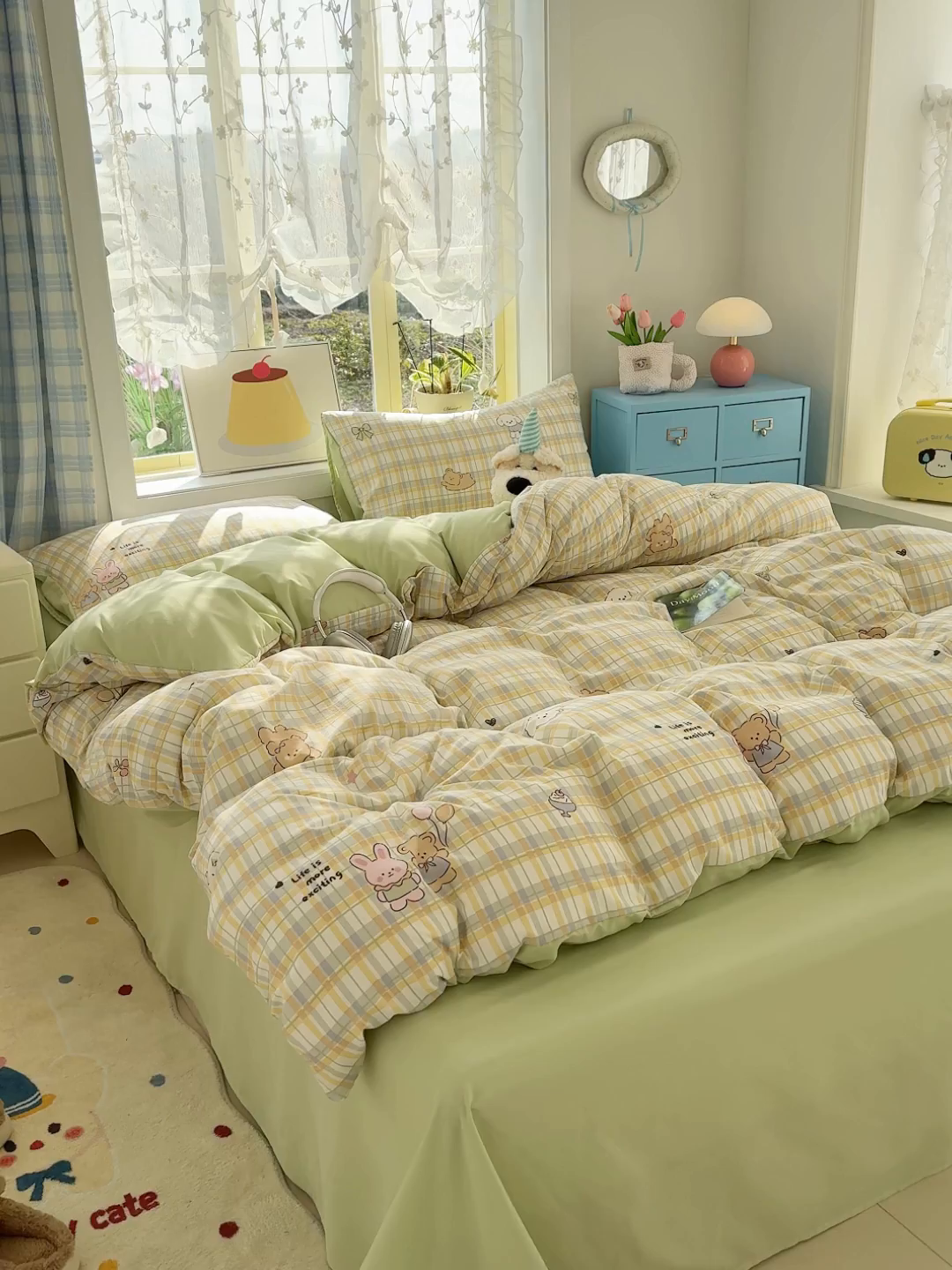 91家纺网 家纺一手货源 找家纺 铺尚美家纺 2026新款A类古法水洗仿棉云感纱四件套 格纹萌友团