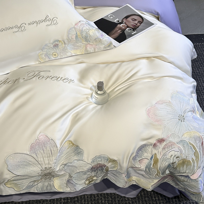 91家纺网 家纺一手货源 找家纺 2026新款高支高密刺绣四件套-花溪系列 花溪-奶昔白＋紫