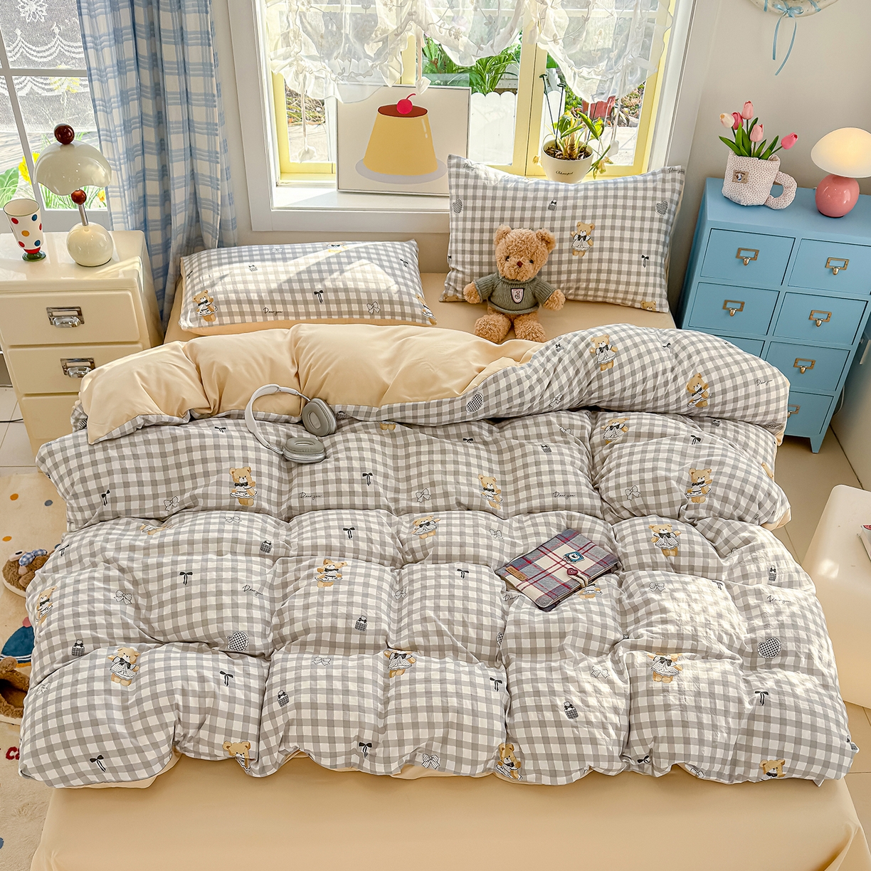 91家纺网 家纺一手货源 找家纺 铺尚美家纺 2026新款A类古法水洗仿棉云感纱四件套 格子熊