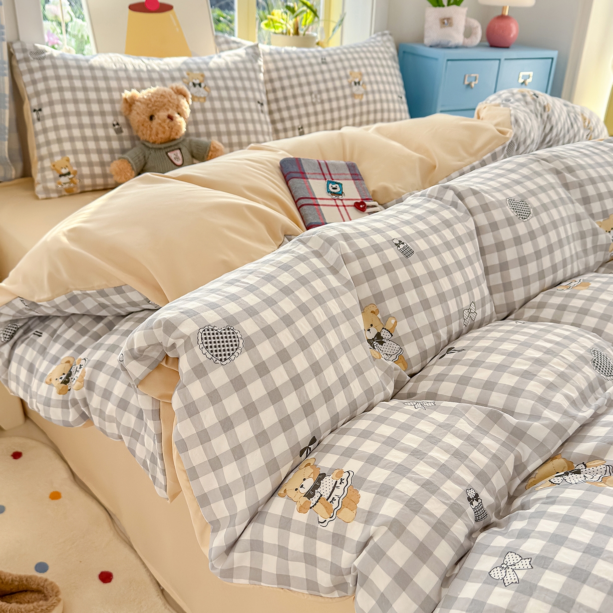 91家纺网 家纺一手货源 找家纺 铺尚美家纺 2026新款A类古法水洗仿棉云感纱四件套 格子熊