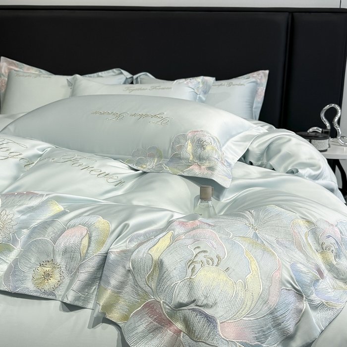 91家纺网 家纺一手货源 找家纺 2026新款高支高密刺绣四件套-花溪系列 花溪-天空蓝