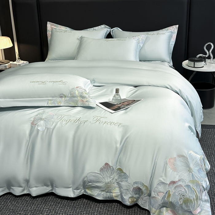 91家纺网 家纺一手货源 找家纺 2026新款高支高密刺绣四件套-花溪系列 花溪-天空蓝