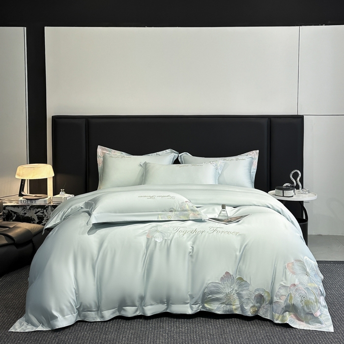 2026新款高支高密刺绣四件套-花溪系列 花溪-天空蓝