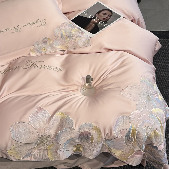 91家纺网 家纺一手货源 找家纺 2026新款高支高密刺绣四件套-花溪系列 花溪-樱花粉