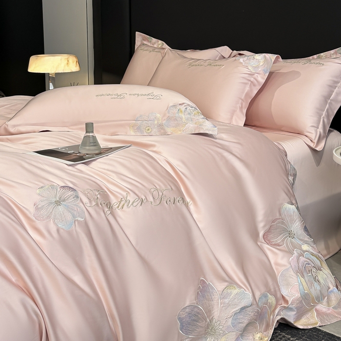 91家纺网 家纺一手货源 找家纺 2026新款高支高密刺绣四件套-花溪系列 花溪-樱花粉