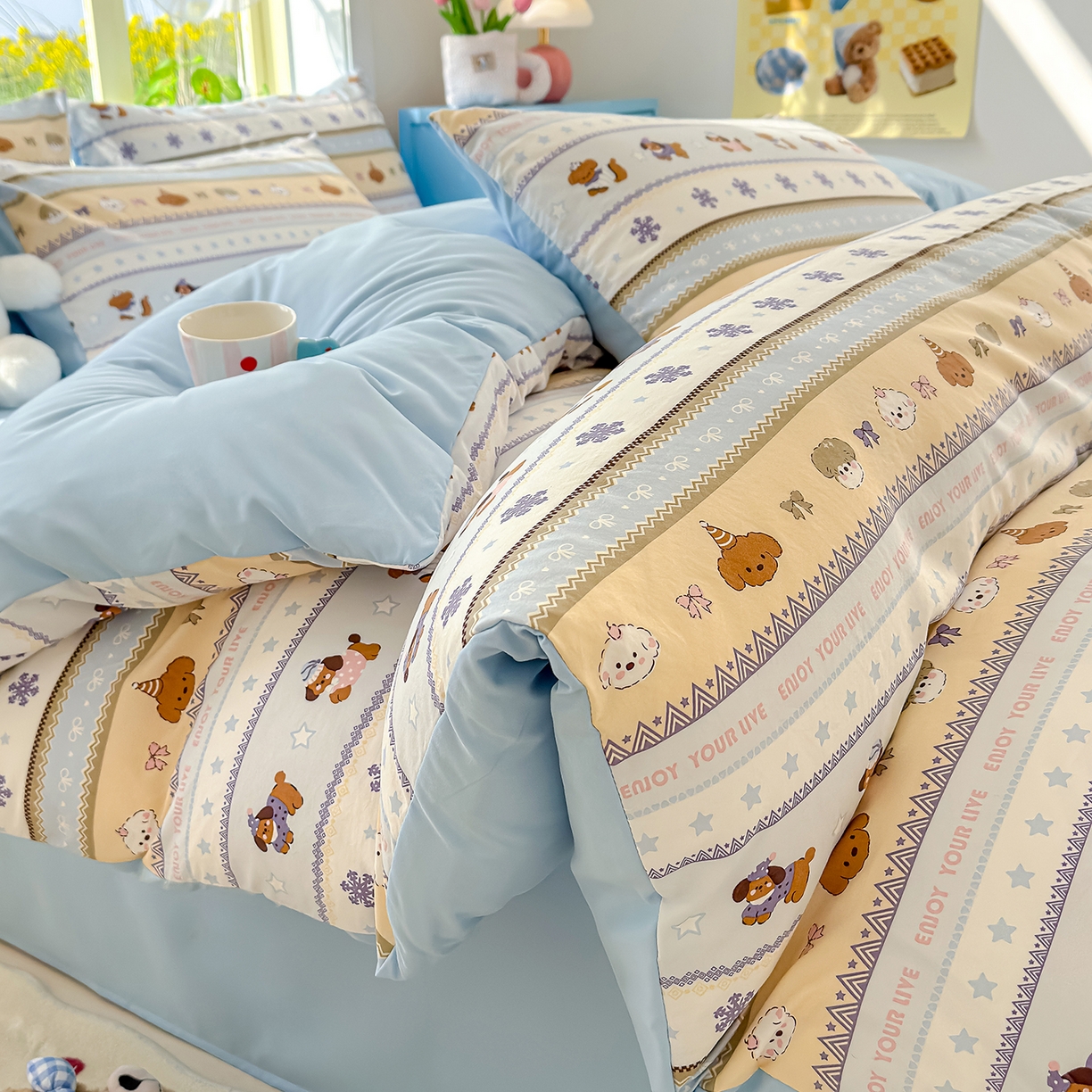 铺尚美家纺 2026新款A类古法水洗仿棉云感纱四件套 狗狗乐园