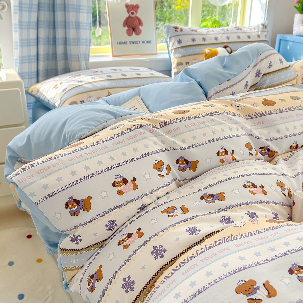 91家纺网 家纺一手货源 找家纺 铺尚美家纺 2026新款A类古法水洗仿棉云感纱四件套 狗狗乐园