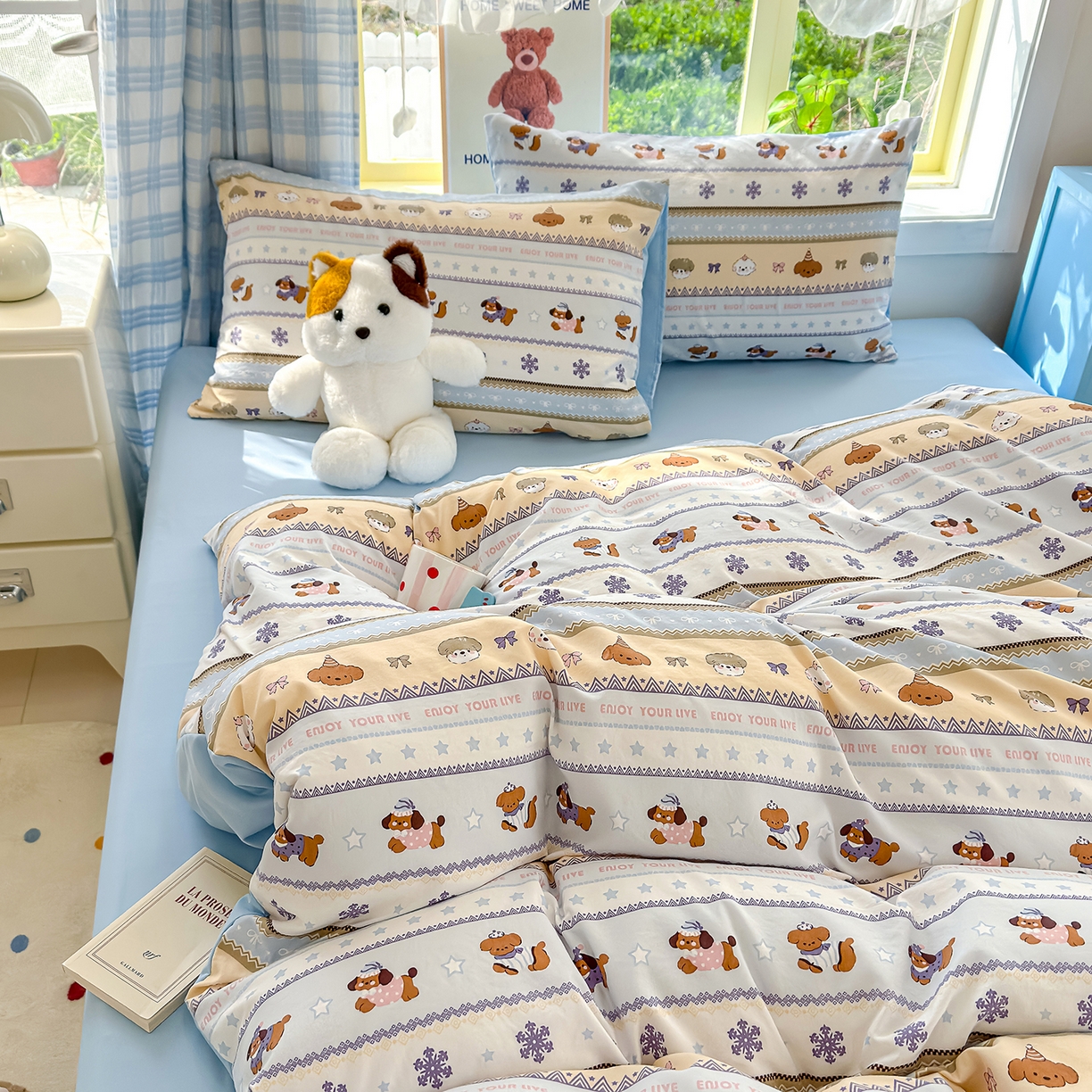 91家纺网 家纺一手货源 找家纺 铺尚美家纺 2026新款A类古法水洗仿棉云感纱四件套 狗狗乐园