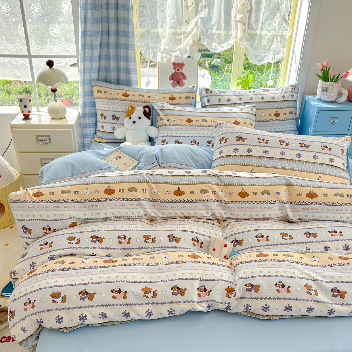 91家纺网 家纺一手货源 找家纺 铺尚美家纺 2026新款A类古法水洗仿棉云感纱四件套 狗狗乐园