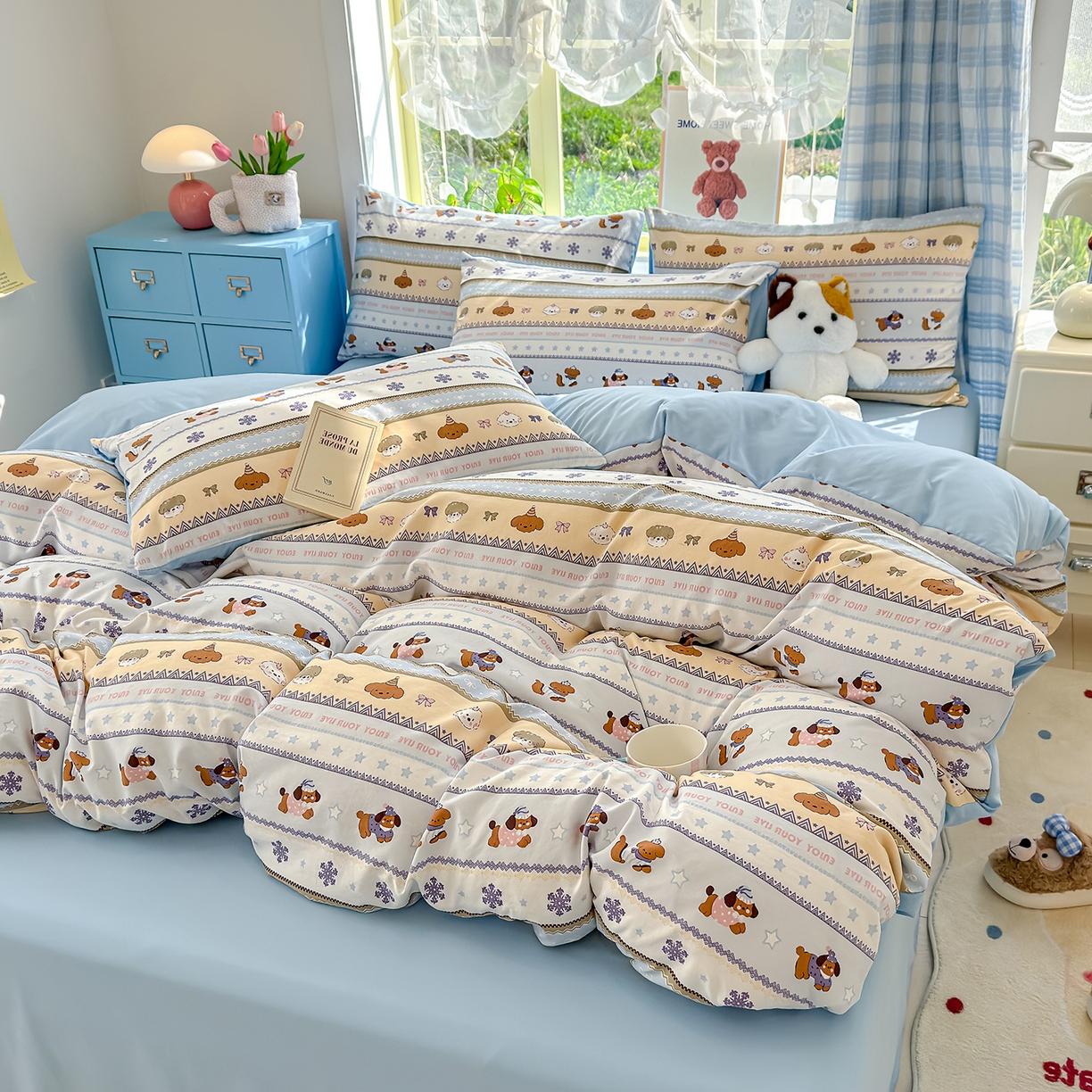 91家纺网 家纺一手货源 找家纺 铺尚美家纺 2026新款A类古法水洗仿棉云感纱四件套 狗狗乐园