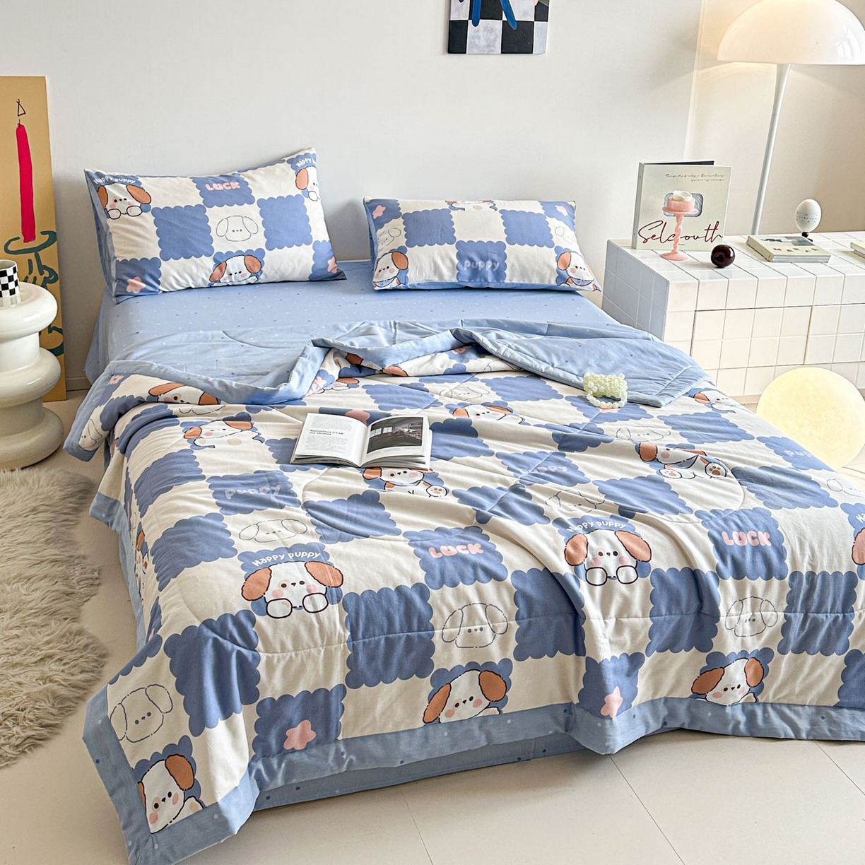 91家纺网 家纺一手货源 找家纺 梵克保罗 2026春夏新款10A抗菌全棉印花夏被被子被芯空调被 嗨皮狗