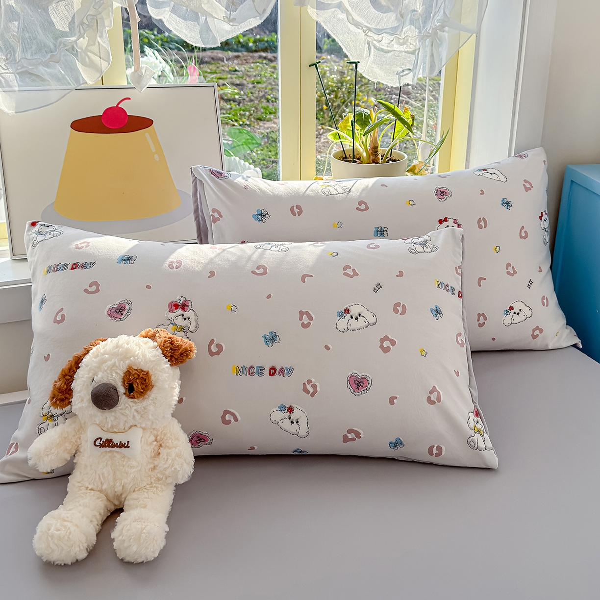 91家纺网 家纺一手货源 找家纺 铺尚美家纺 2026新款A类古法水洗仿棉云感纱四件套 乖乖狗-灰