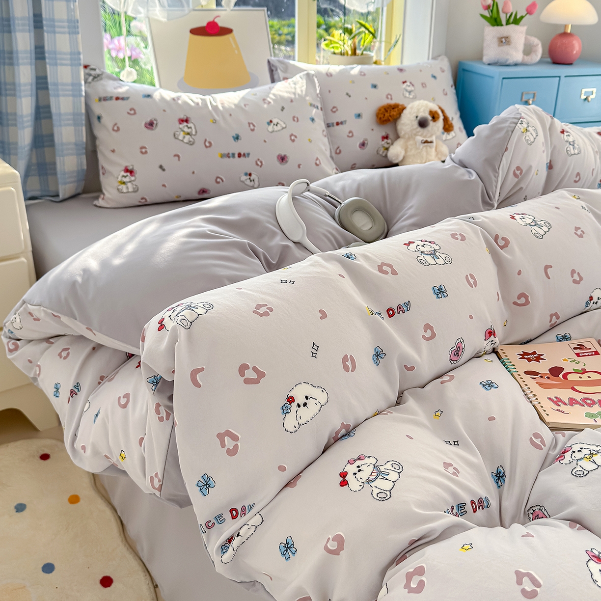 91家纺网 家纺一手货源 找家纺 铺尚美家纺 2026新款A类古法水洗仿棉云感纱四件套 乖乖狗-灰