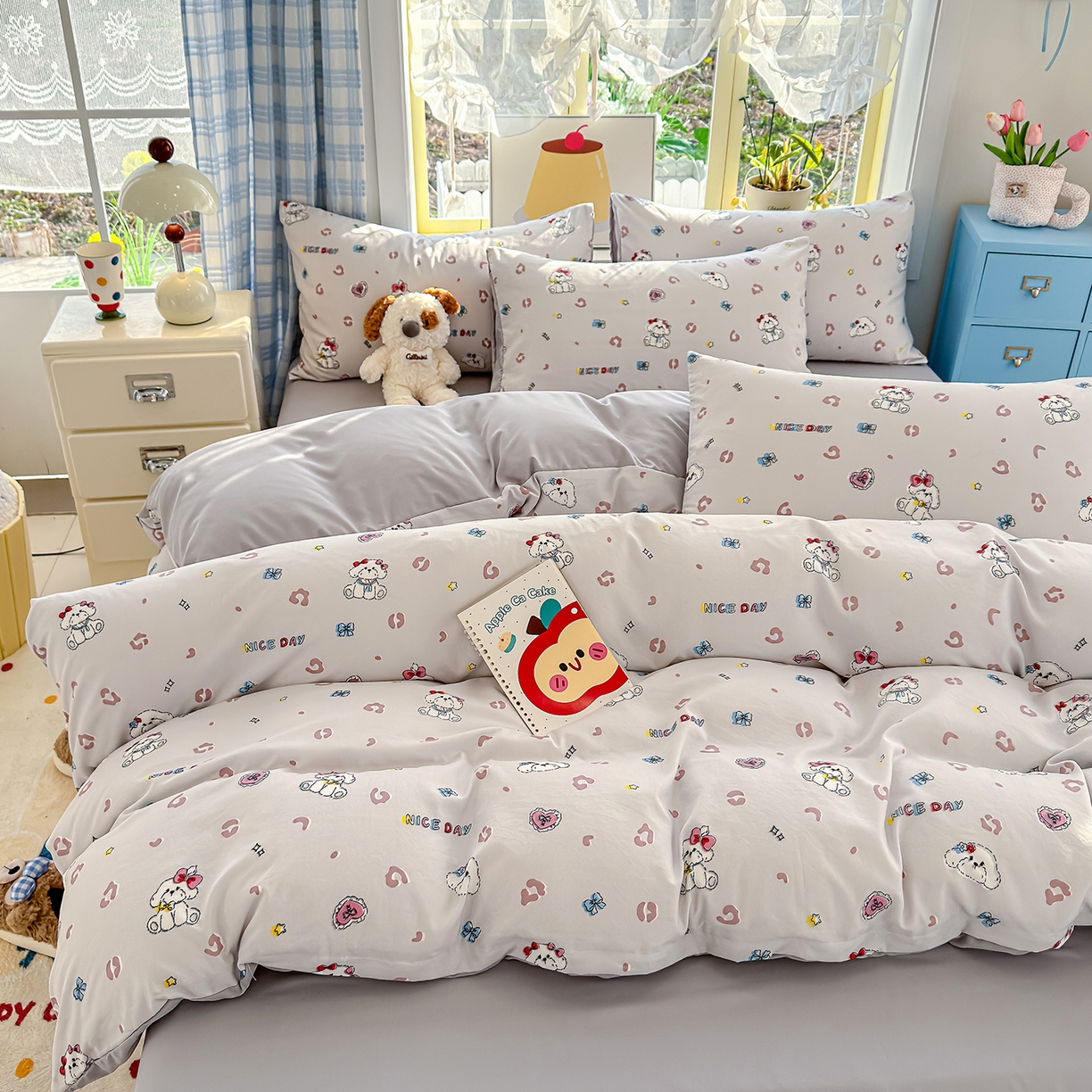 91家纺网 家纺一手货源 找家纺 铺尚美家纺 2026新款A类古法水洗仿棉云感纱四件套 乖乖狗-灰