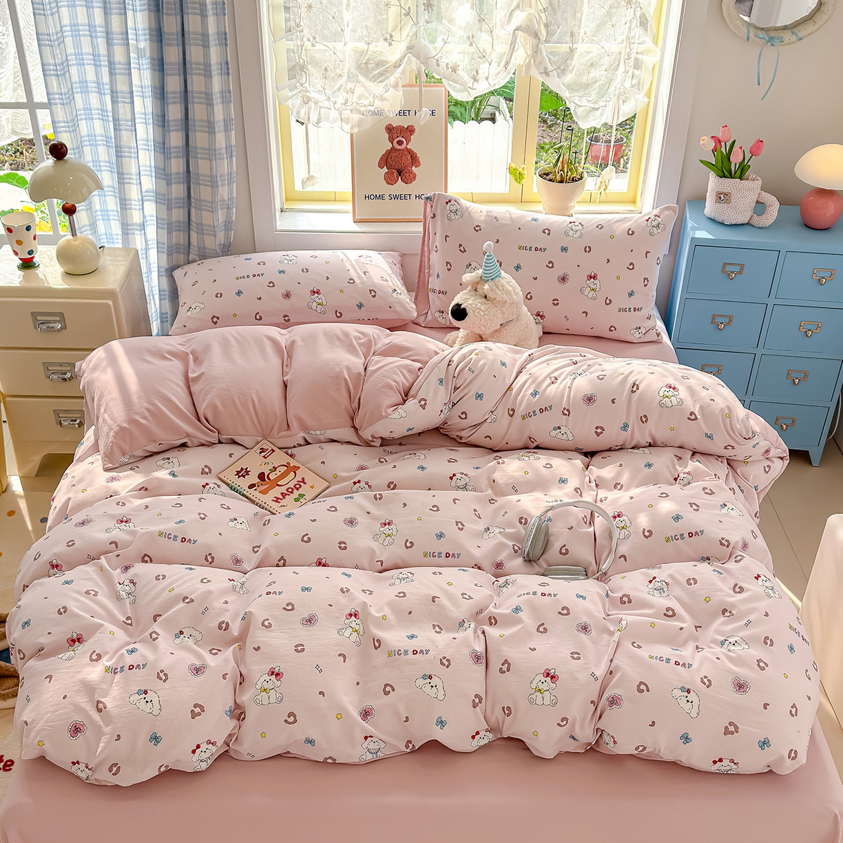 91家纺网 家纺一手货源 找家纺 铺尚美家纺 2026新款A类古法水洗仿棉云感纱四件套 乖乖狗-玉