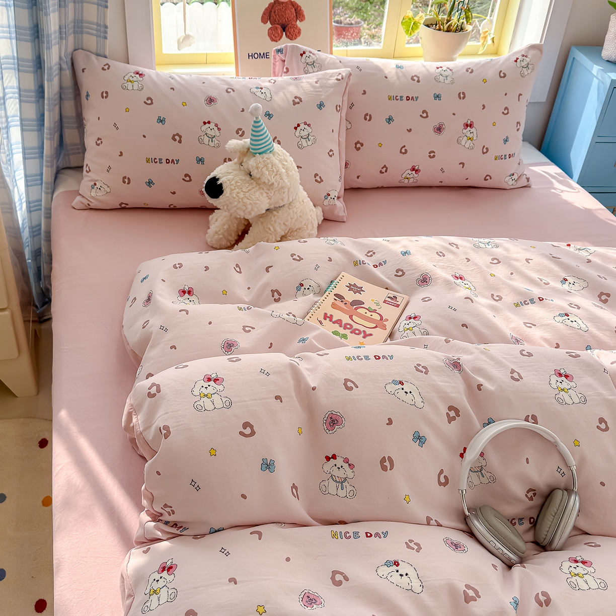 91家纺网 家纺一手货源 找家纺 铺尚美家纺 2026新款A类古法水洗仿棉云感纱四件套 乖乖狗-玉